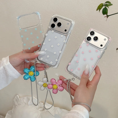 Vibrant All-over Little Flower Clear With Rhinestone Pendant Lanyard Rectangle Phone Cover Case for iPhone 17 16 15 Pro Max