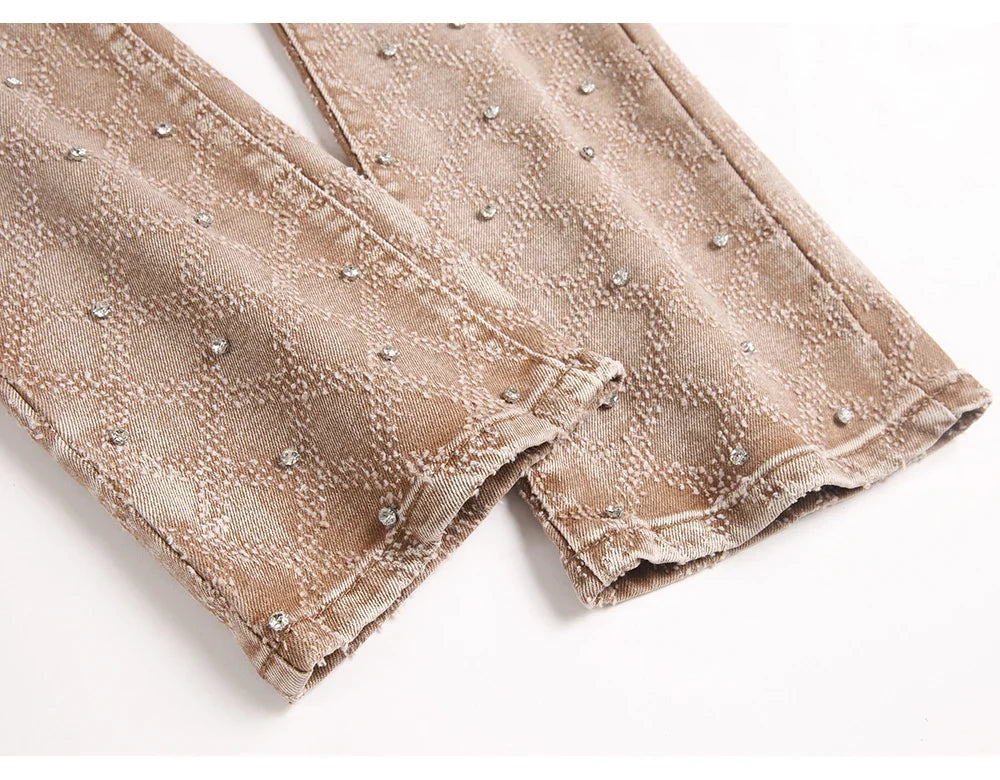 Men's Crystal Rhinestone Stretch Boot Cut Denim Jeans Punk Rivet Slim Flared Trousers Fashion Stretchy Pants