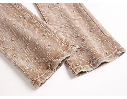 Men's Crystal Rhinestone Stretch Boot Cut Denim Jeans Punk Rivet Slim Flared Trousers Fashion Stretchy Pants
