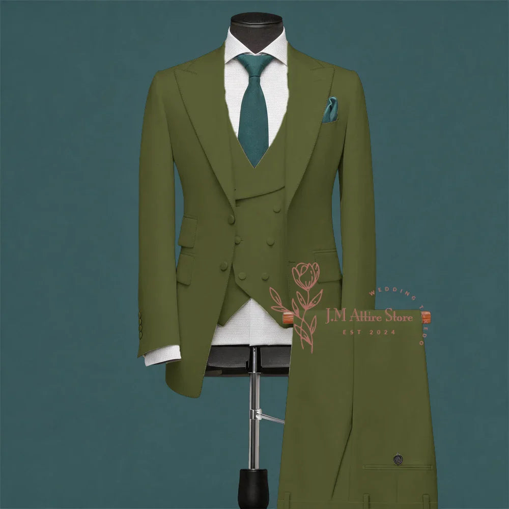 Light Green Men’s Suit Slim Fit Peak Lapel Jacket Double Breasted Vest Pants Wedding Formal 3 Piece Party Set For Groomsmen