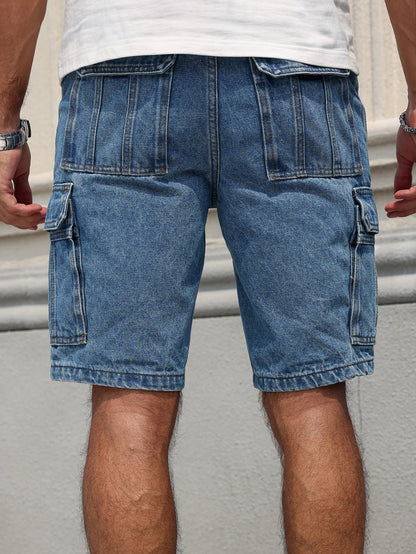 Men's Summer Workwear Denim Shorts, Blue Multi-Pocket Style. Stylish and Casual, Suitable for Streetwear.