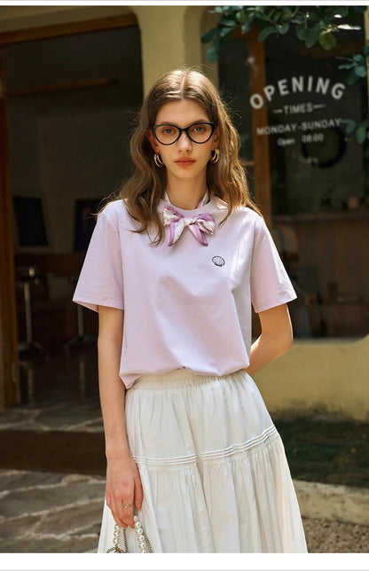 Women T-Shirt 2026 New Summer Neckline Hollow Tops French Style Silk Scarf with Embroidered Short-sleeved Tees O57XT96396