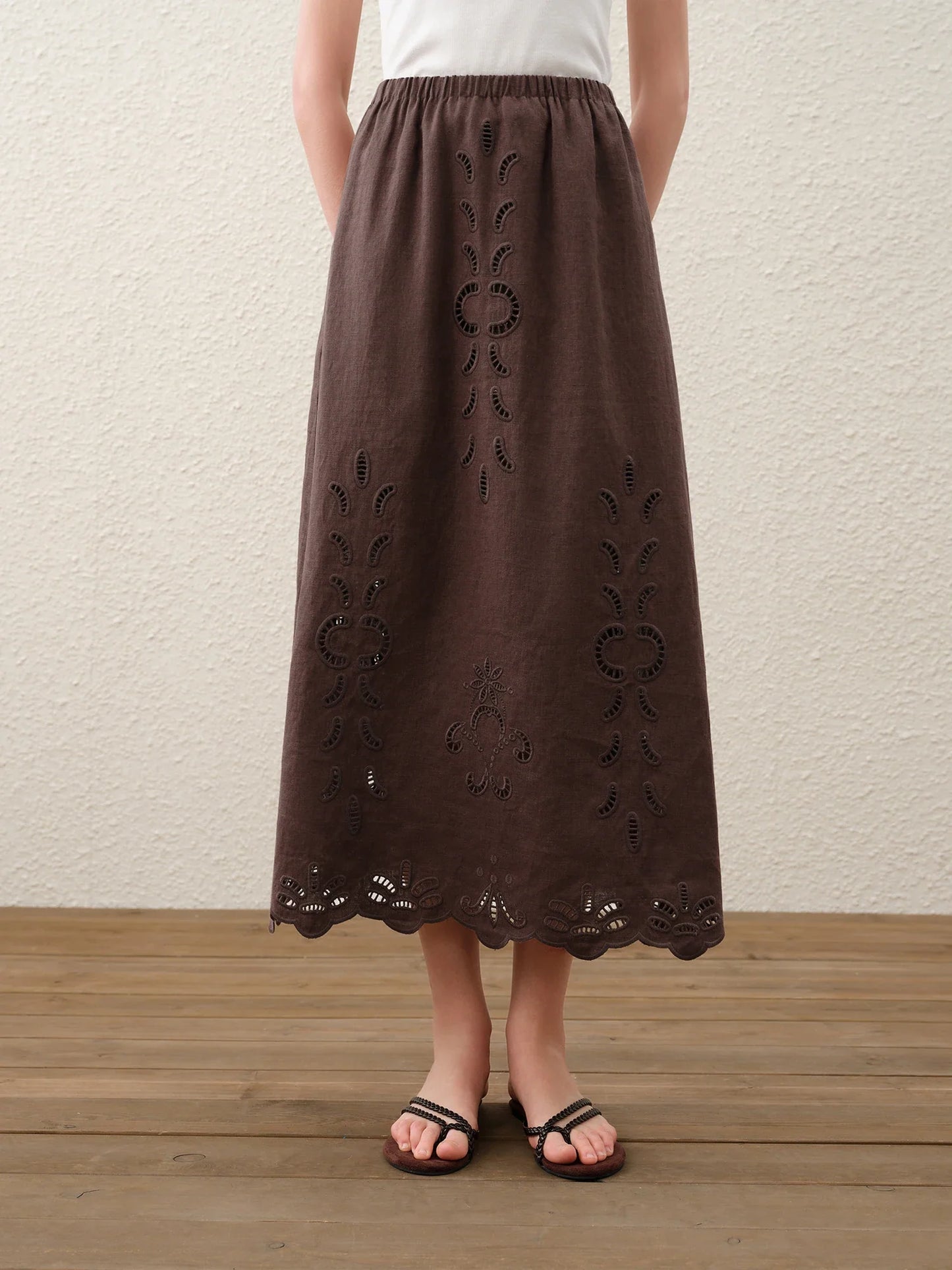 Summer Women Linen Two Piece Set Cut-Out Embroidered Sleeveless Top Midi Skirt Boho Beach Vacation Style