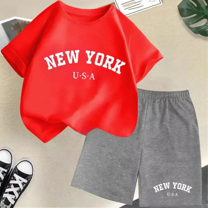 2026 New Kids Boys Girls New York Letter Pattern Cotton T-shirt+Shorts 2-Piece Set Casual Daily