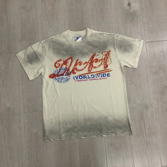 Car Letter Rhinestone Washed Cotton Short Sleeve Tshirts for Men and Women Harajuku Hip Hop Loose Shinning Diamond Tees Oversize