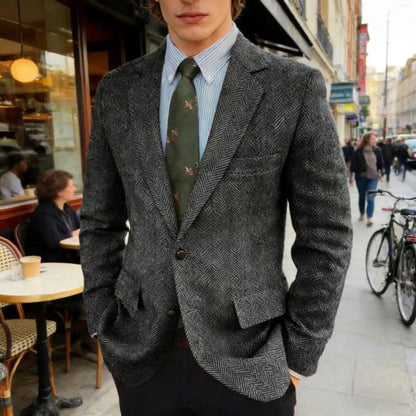 Men's Grey Herringbone Tweed Blazer Classic-Fit Notched Lapel Casual Jacket Slim Fit Business Wedding Suit Coat Plus Size