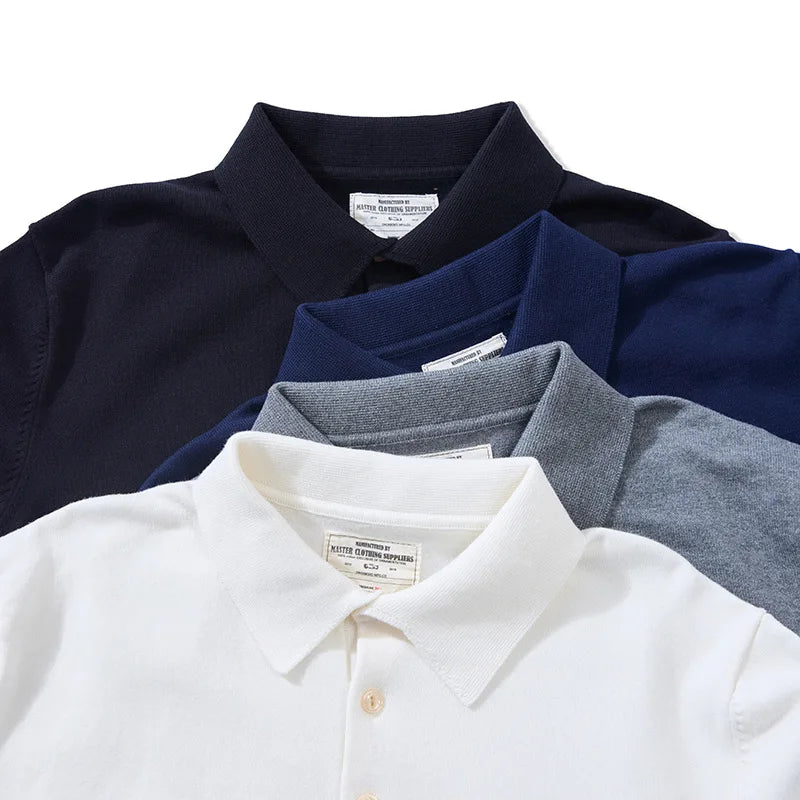 New American Retro Lapel Knitted POLO Shirt Pure Cotton Sweater Pullover Bottoming Casual Sweater Long Sleeve Men