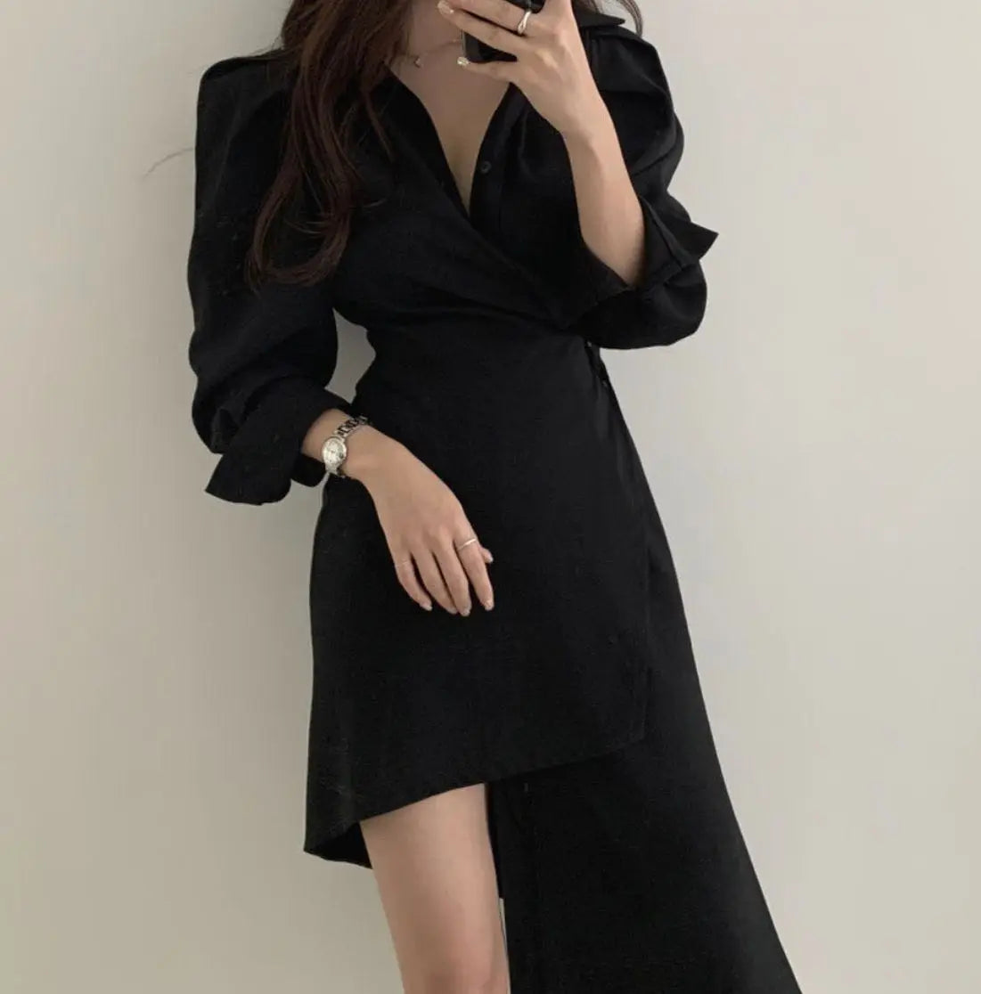 Early Autumn Shirt Dress Women's Mid-Length Asymmetrical Single-Button Notch Collar Slimming Style Commute Fashion