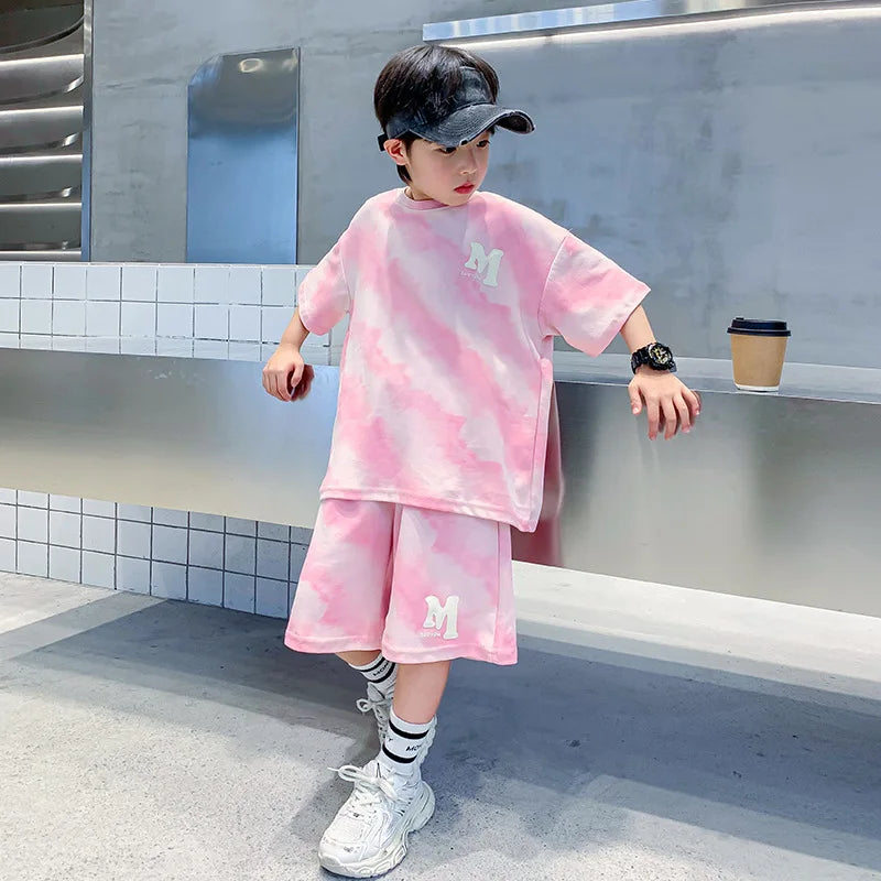 Summer Fashion Boys Cotton Alphabet Tie Dye T-Shirt Tops+Shorts Pant School Kids Tracksuit Child 2PCS Outfit Workout Set 5-16 Yr