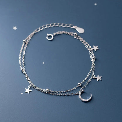 Silver Luxury Double Layer Stars Moon Sparkling Bracelet 925 Sterling Silver Chain Adjustable Bracelets For Women Jewelry