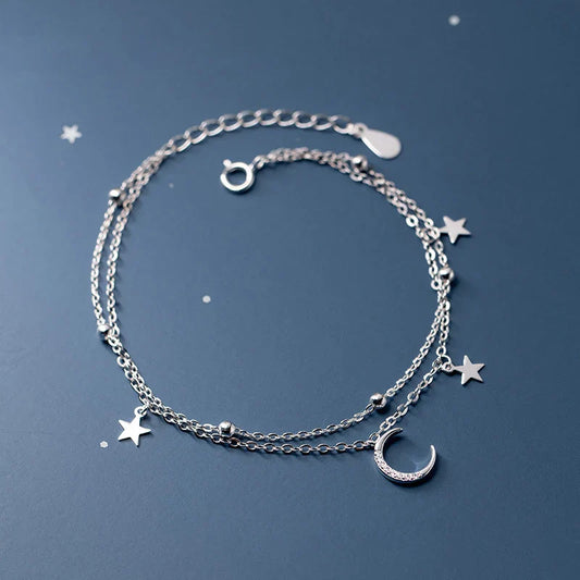Bracelet Scintillant Double Couche Étoiles et Lune en Argent de Luxe, Chaîne en Argent Sterling 925 Réglable pour Femmes, Bijoux