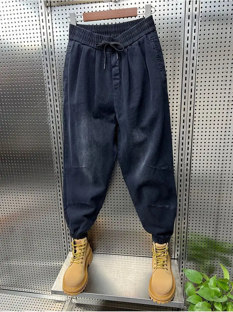 Drawstring Menswear Clothing Handsome Spring New Men's Jeans Korean Elastic Waist Buttons Decorative Fashion Harlan Pants Men