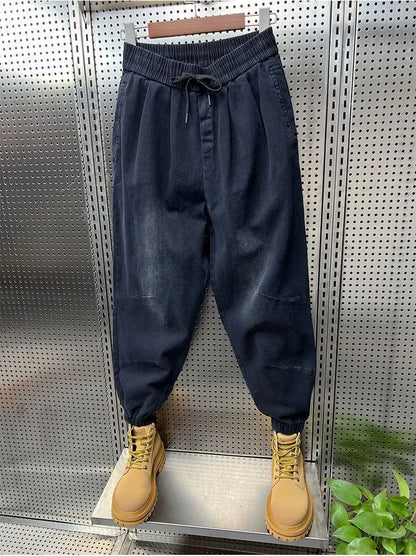 Drawstring Menswear Clothing Handsome Spring New Men's Jeans Korean Elastic Waist Buttons Decorative Fashion Harlan Pants Men