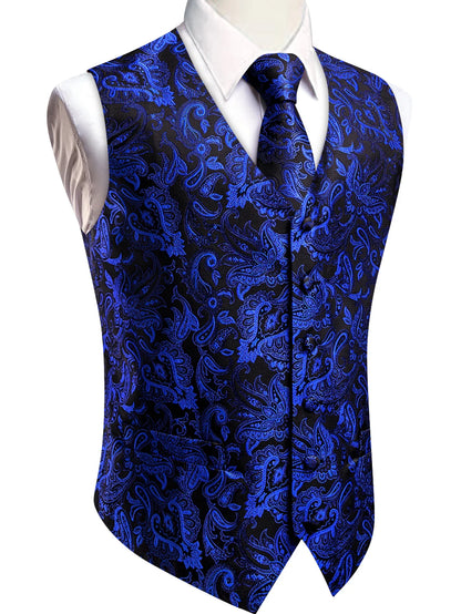 Mens Royal Blue Red Bronwn Orange Vest Tie Hanky Cufflinks Set Paisley Waistcoat Sleeveless for Male Wedding Busniess