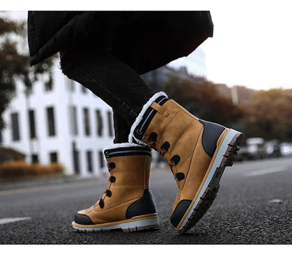 Fashion Men's Winter Boots Warm Fur High-top Snow Boots Men Waterproof Leather Platform Boots Outdoor Non-slip Men Winter Shoes