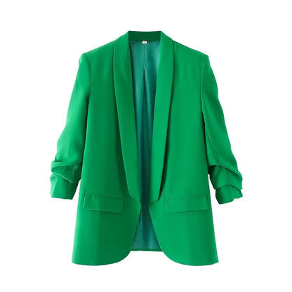 Women Fashion Office Wear Open Blazer Coat Vintage Long Pleated Sleeves Flap Pockets Female Outerwear Chic Tops
