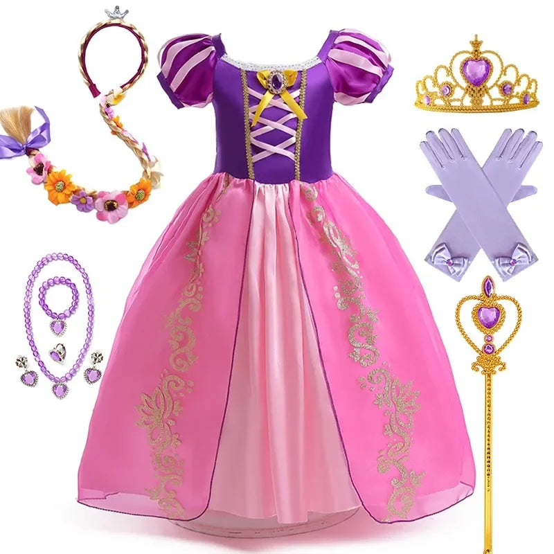Girl Role Play Rapunzel Princess Dress for Kids Halloween Cosplay Tangled Costume Birthday Party Sequins Mesh Bow Clothes