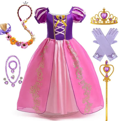 Girl Role Play Rapunzel Princess Dress for Kids Halloween Cosplay Tangled Costume Birthday Party Sequins Mesh Bow Clothes