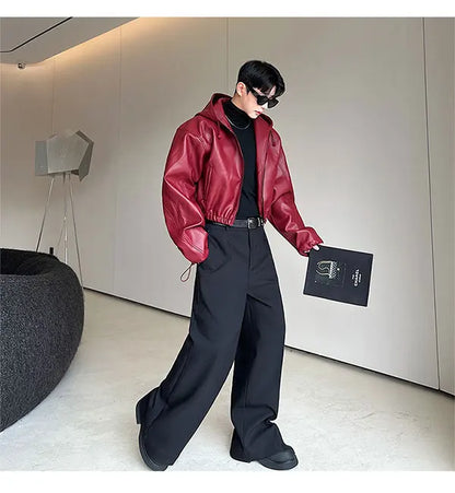 Spring Autumn Short Waterproof Black Pu Leather Jacket Men Hood Zipper High Waist Loose Casual Korean Fashion 2025