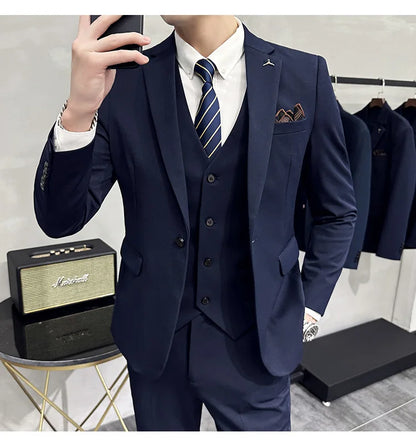 S-7XL Jacket Vest Pants Luxury Elasticity Boutique Fashion Men's Solid Color Casual Business Suit 3-piece Sets Groom Wedding
