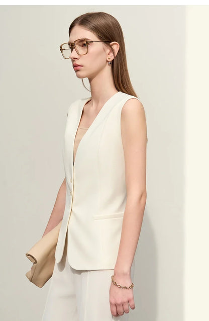 Minimalism Jacket Vests for Women 2025 Summer New Professional Style V-neck Slim Sleeveless Single-breasted Blouse 12441175