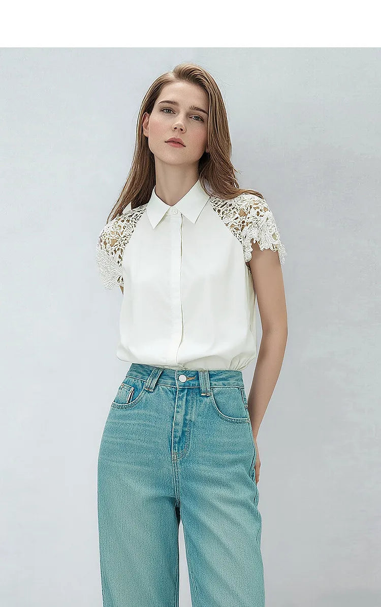 Women Shirt 2026 Summer New Lace Patchwork Lapel Collar Dolman Sleeve Blouse Loose Mid Length Office Cotton Shirt 12642040