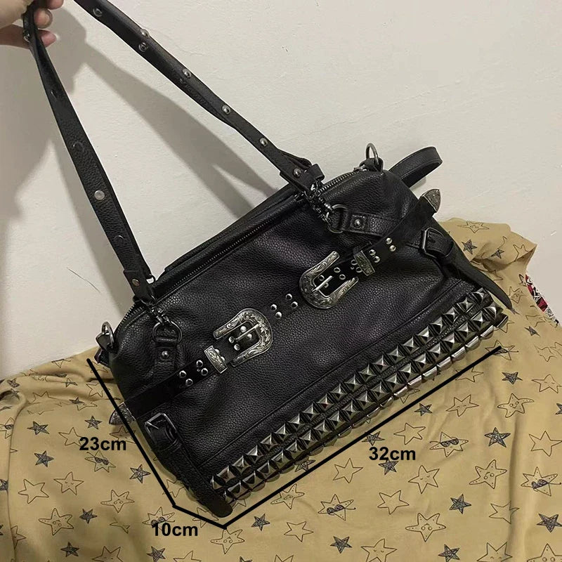 Spice Girl Carved Leather Buckle Bag Large Capacity PU Fashion Rivet Cool Handbags Oblique Straddle Portable Punk Tote Bags