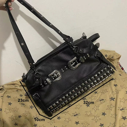 Spice Girl Carved Leather Buckle Bag Large Capacity PU Fashion Rivet Cool Handbags Oblique Straddle Portable Punk Tote Bags