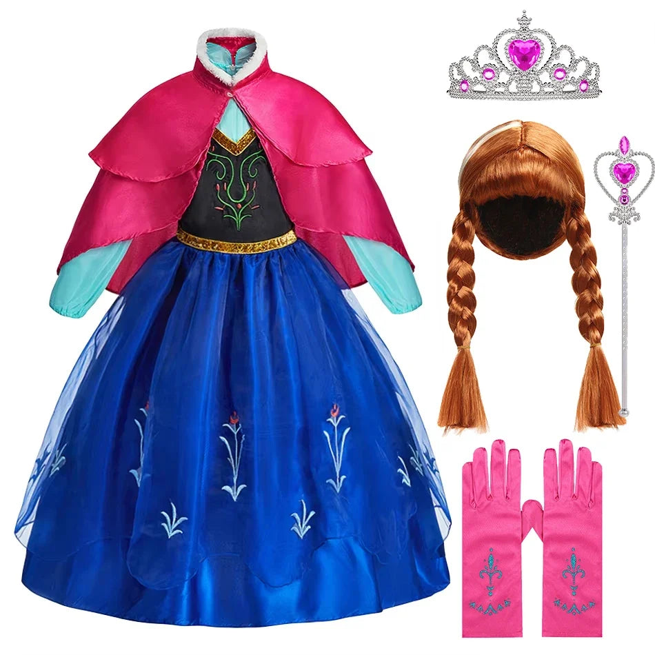 Kids Anna Cosplay Clothing Little Girls Christmas Halloween Gown Kids Party Red Cloak Costume Dance Long Sleeve Princess Dresses