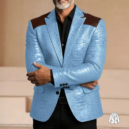 Men's Blazer Crocodile Embossed Leather Suit Jacket Shoulder Patch Notch Lapel Two Button Sport Coat Business Casual Flap Pocket