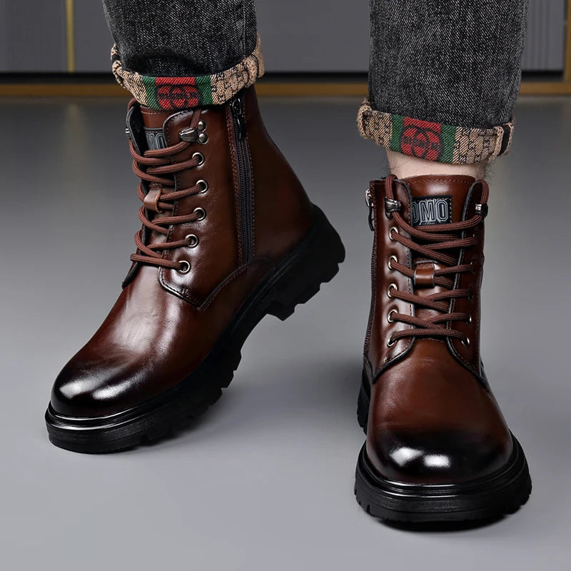 British Style Mens Winter Platform Snow Boots Fashion Genuine Leather Outdoor Antiskid Walking Ankle Boots Mens High Top Boots
