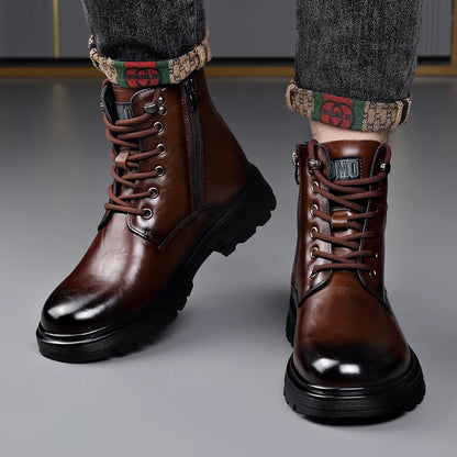 British Style Mens Winter Platform Snow Boots Fashion Genuine Leather Outdoor Antiskid Walking Ankle Boots Mens High Top Boots