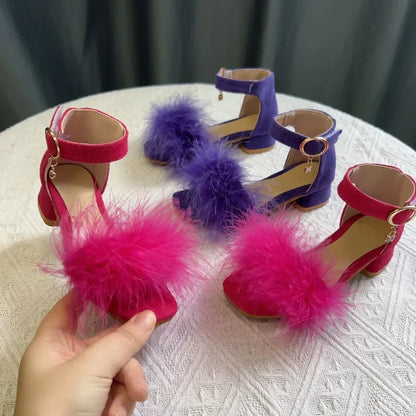 New Girls Low-heels Sandals Summer Fluffy Kids Princess Catwalk Shoes Open-toe Versatile Children Fashion Wedding Party Sandals