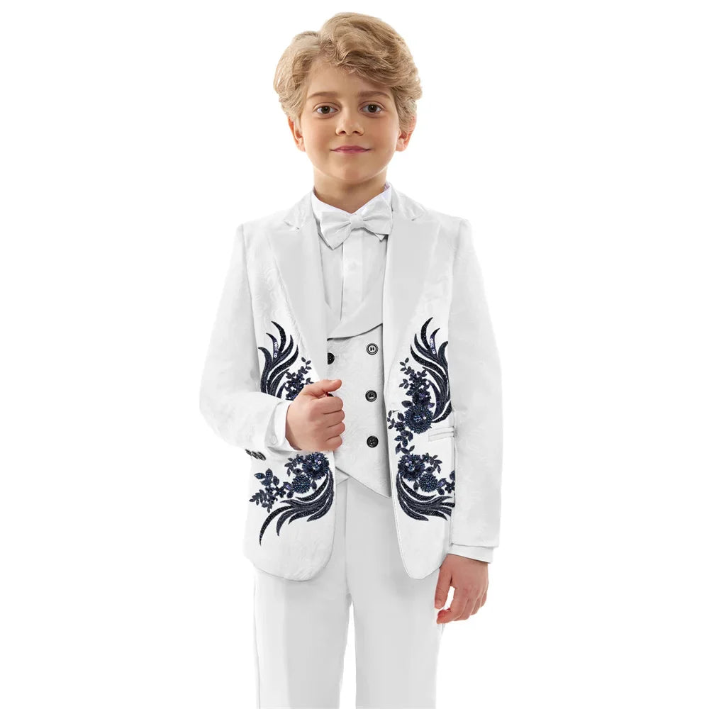 Luxurious Beaded Appliques Suit Set 4 Pieces For Boys Jacquard Kids Suits Performance Costumes Handsome Party Tuxedo