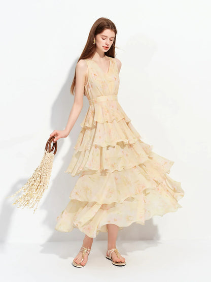 2026 Summer French-Inspired Floral Ruffle Hem Sleeveless V-Neck Tiered Maxi Dress - Romantic for Vacation and Daily Wear