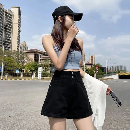 Double-Buckled Straight-Leg Short Jeans Women's Spring/Summer Loose Cuffed Wide-Leg Denim Shorts Trendy Y2K Mini Skirt Cuteore