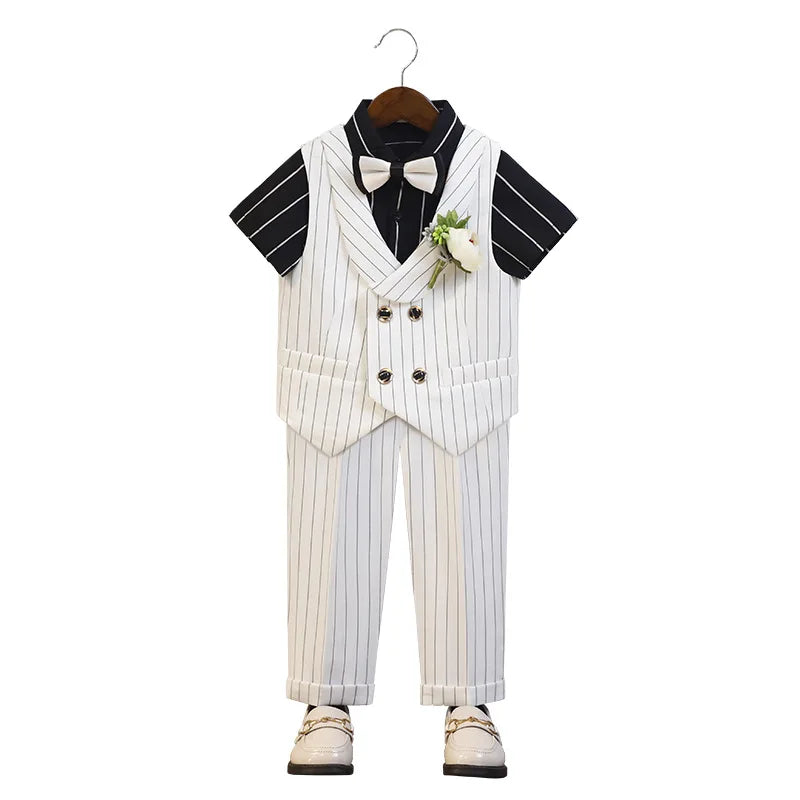 Boys Summer White Breathable 1Year Birthday Dress Kids Vest Shirt Pants Bowtie Photography Suit Children Performance Costume