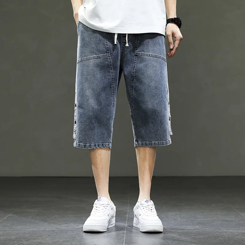 Korean Style Summer Men's Black Wide Leg Denim Shorts New Fashion Casual Baggy Short Jeans Male Plus Size 6XL 8XL YBR602