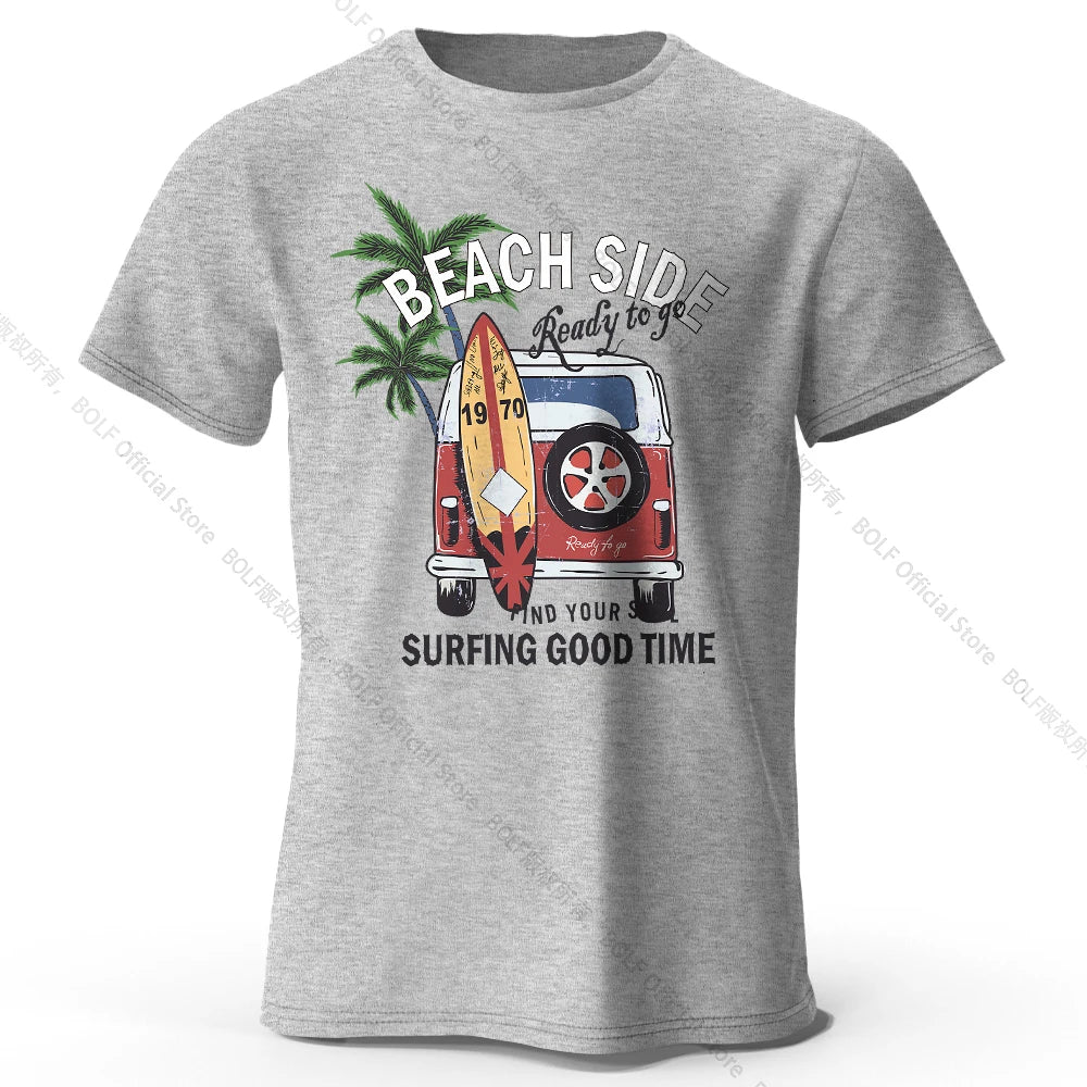 Vintage Surf Badge Printed Unisex Men Women T-Shirt Tees Tops 100% Cotton Retro Wave Graphic Beach Club Wear