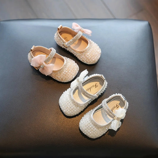 Girls Walking Shoes Lace Mesh Bows Kids Princess Shoes Non-slip Shiny Sequins 2025 New Children Flat Shoes Soft Sole Non-slip