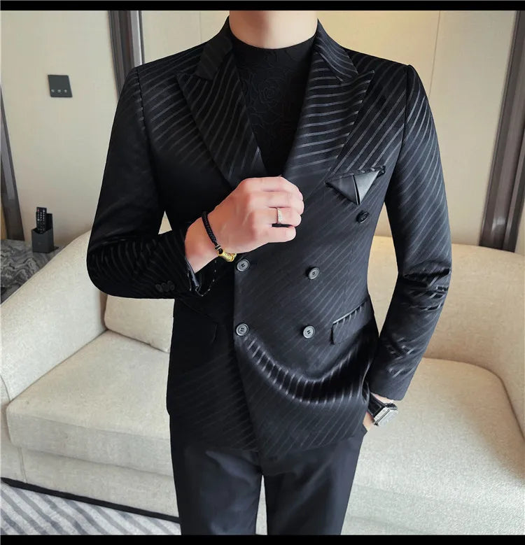 British Style Luxury Men Double Breasted Twill Suit Jacket High Quality Fashion Business Slim Fit Groom Social Party Suit Dress