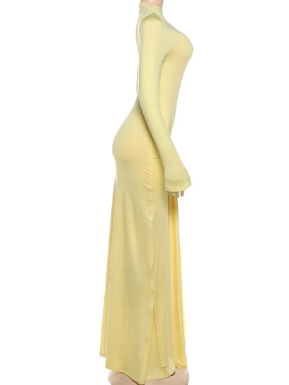 Ruched Elegant Maxi Dress Women Daily Casual Fashion Skinny Full Sleeve Solid Gown Midnight Prom Party Long Bodycon