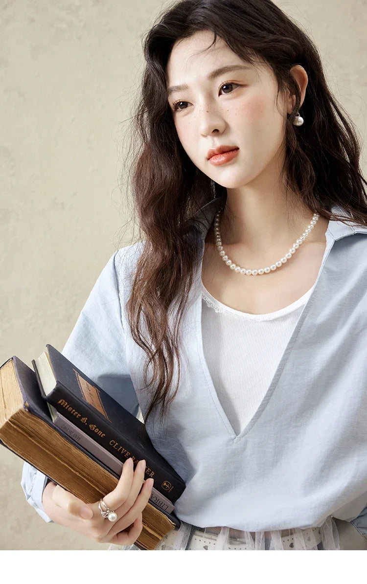 French Spring Shirts Women 2025 Long Sleeve Turn-down Collar Fake Two-piece Blouses Female Splicing Lace Tops MXE16C0783