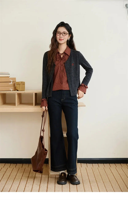 Women's Fake Two Knitted Sweaters 2025 Autumn Plaid Splicing Embroidered Tops Retro Lapel Flare Sleeve Tops MXE45Z1401