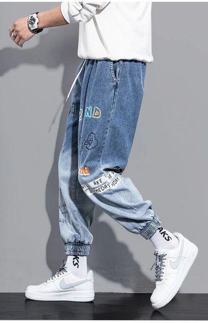 Printing Jeans Men's Gradient Hip Hop Trousers Harem Cartoon Loose Casual Ankle Banded Pants Cargo Denim Jeans Fashion