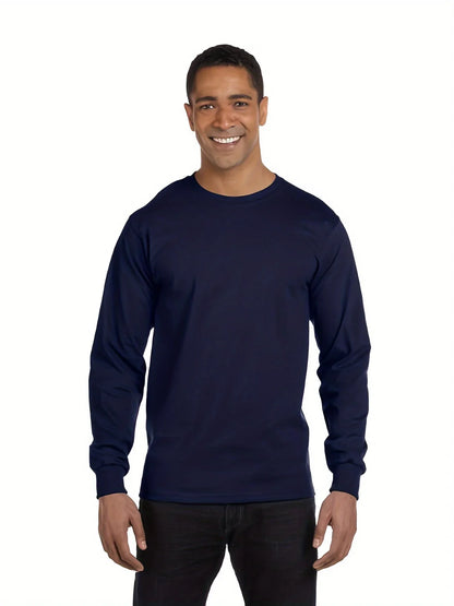 Men's essential long sleeved pure cotton T-shirt, round neck cotton T-shirt,