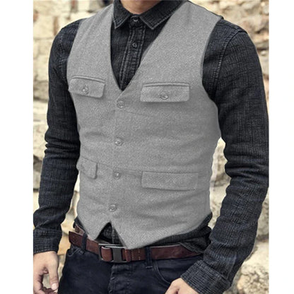 Men Vest V Neck Classic Steampunk Suit Wool Tweed Notch Lapel Thick Tweed For Wedding Groom Banquet Waistcoat