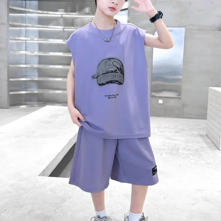 Boys' 2025 Summer New Arrival Sleeveless Two-Piece Vest & Sports Set for Big & Tall Kids