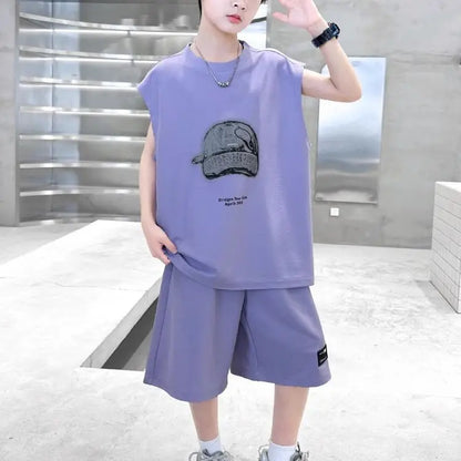 Boys' 2025 Summer New Arrival Sleeveless Two-Piece Vest & Sports Set for Big & Tall Kids