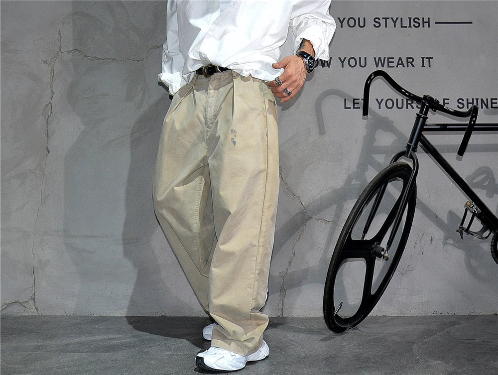‌Japanese Premium Vintage Distressed Paint Splash Cargo Pants Men Streetwear Loose Casual Straight Leg Haram Trousers Trendy